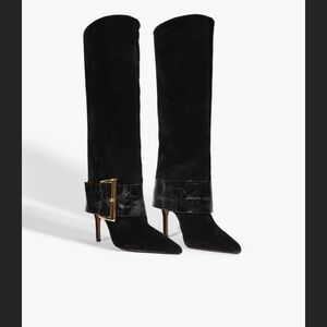 SCHUTZ Beatrix Black Heeled Boots with Gold Buckle